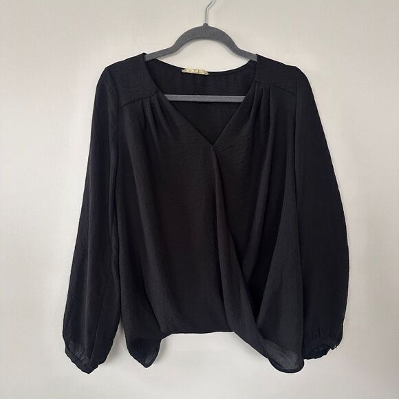 Alythea Wrap Front Sheer Black Blouse Oversized S - Picture 1 of 11